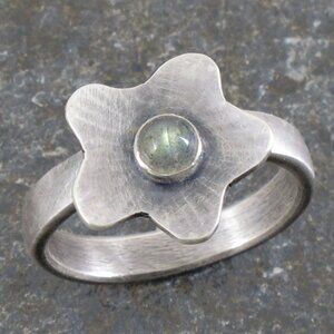 Sterling Silver 925 Flower Ring with Labradorite, Size 6, Artisan Made